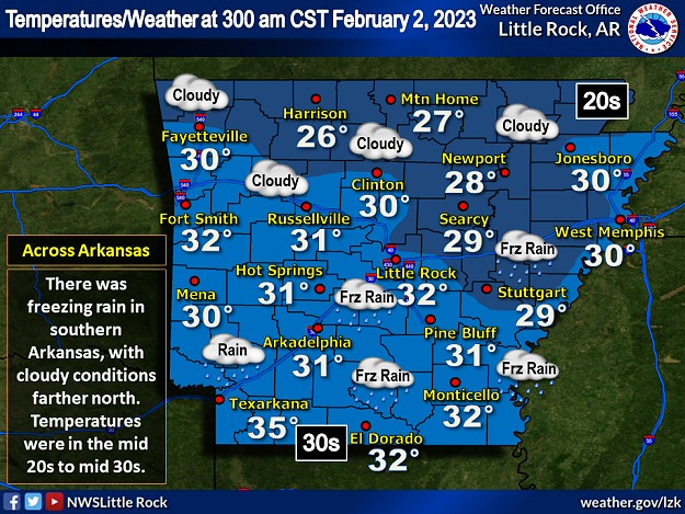 Freezing rain was widespread across southern Arkansas at 300 am CST on 02/02/2023. Temperatures across the state were in the mid 20s to mid 30s.