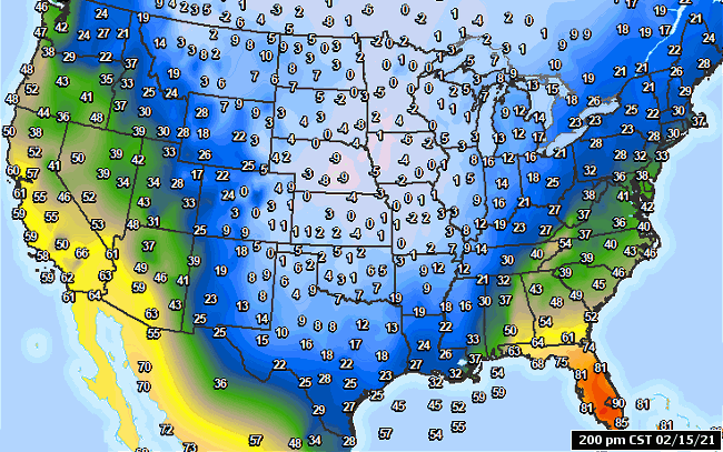 Subfreezing temperatures were noted all the way into south Texas as of 200 pm CST on 02/15/2021. Readings were below zero as far south as Kansas and Missouri.