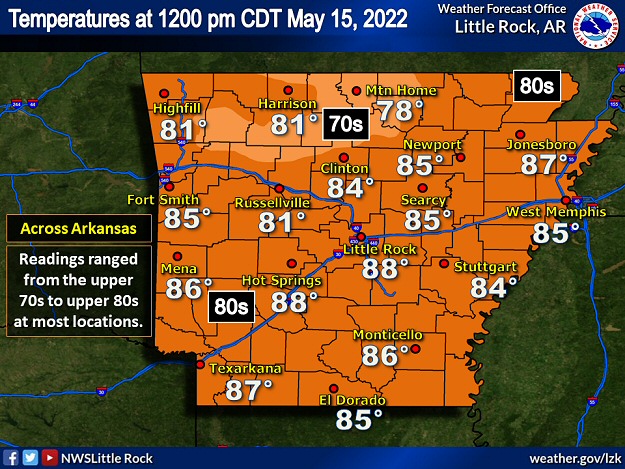Temperatures dropped from the 80s at 1200 pm CDT to the 60s at 600 pm CDT across much of northern and central Arkansas on 05/15/2022.