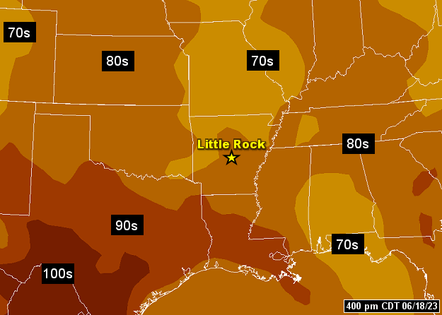While temperatures were in the 70s/80s across Arkansas (and close to 90 degrees in the southwest) at 400 pm CDT on 06/18/2023, readings were over 100 degrees in parts of Texas.