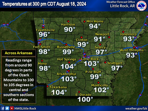 Oppressive conditions were noted across Arkansas on 08//18/2024. There were triple digit temperatures in central and southern sections of the state as of 300 pm CDT, and heat index values were largely between 100 and 120 degrees.