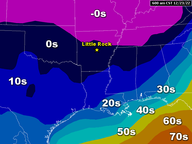 Temperatures were below zero in northern Arkansas and in the single digits farther south at 600 am CST on 12/23/2022.