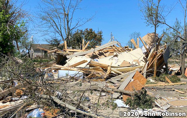 Homes were damaged or destroyed at Harrisburg (Poinsett County), and a mobile home was removed from its cinder block foundation about four miles east-northeast of Weiner (Poinsett County). Two people were injured at the latter location. A tornado (rated EF2) was responsible for the destruction on 04/08/2020. The photos are courtesy of John Robinson.