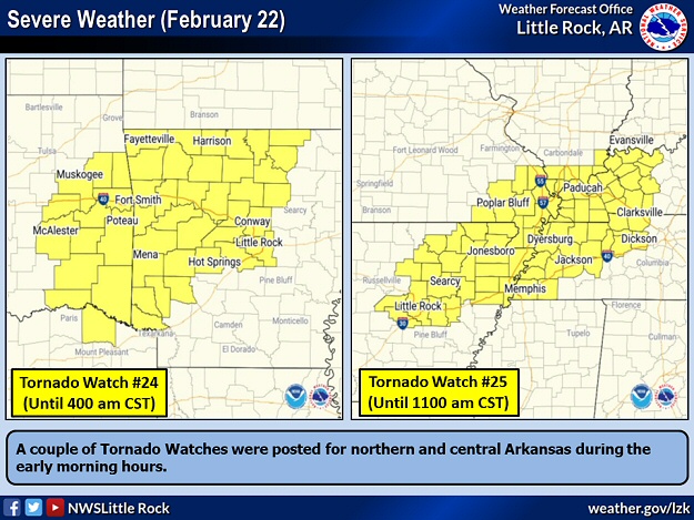 Tornado Watches were posted in much of northern and central Arkansas during the morning of 02/22/2022.