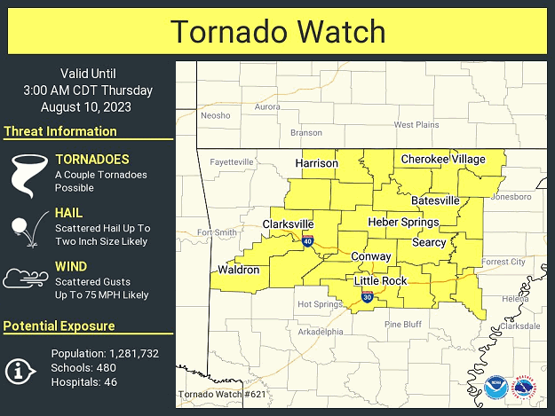 A Tornado Watch was posted for northern and central Arkansas late on 08/09/2023, and it continued into the wee hours of the next morning.