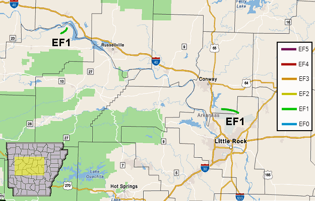Two tornadoes (both rated EF1) were spawned in the Little Rock County Warning Area on 04/11/2022. One of the tornadoes tore up a chicken house and a barn just east of Scranton (Logan County).