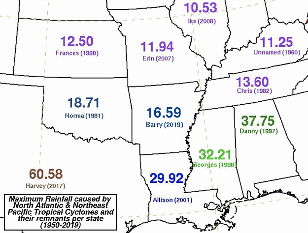 Maximum rainfall caused by tropical cyclones in Arkansas and surrounding states from 1950 to 2019. The graphic is courtesy of the Weather Prediction Center (WPC).