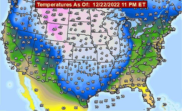 Subfreezing air surged all the way to the Gulf Coast by the late evening of 12/22/2022.