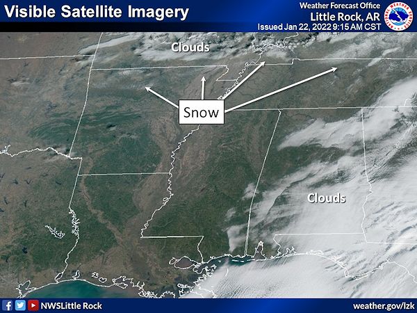 Visible satellite imagery on January 22, 2022 showed lingering snow cover across portions of northern Arkansas and areas to the east and northeast.