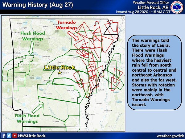 Flash Flood Warnings were posted for much of the southeast half of Arkansas and also the far west on 08/27/2020 and early the next morning. Tornado Warnings were issued in northeast sections of the state.