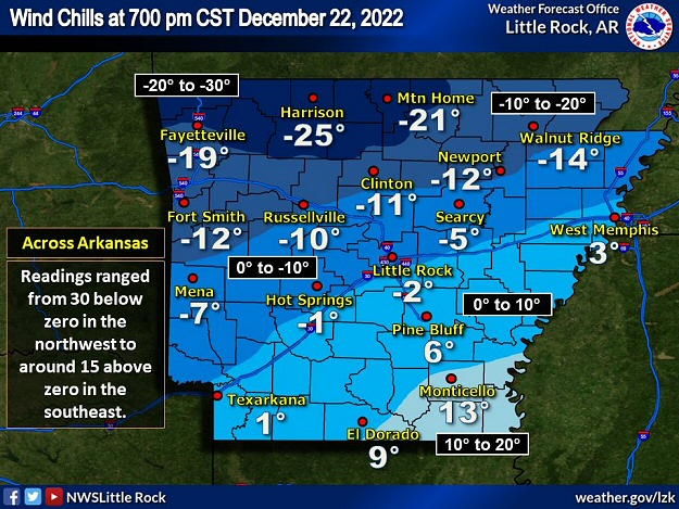 Wind chill index values were below zero in much of northern and central Arkansas by 700 pm CST on 12/22/2022.