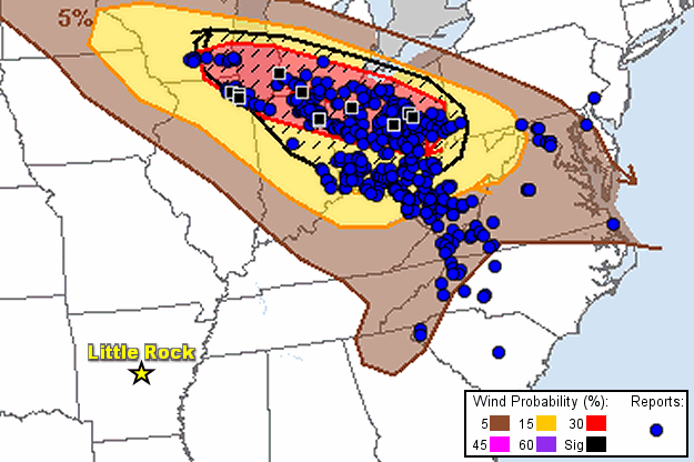 Severe weather reports (mostly wind related) lined up well with a damaging thunderstorm wind outlook on 06/13/2022. The graphic is courtesy of the Storm Prediction Center.