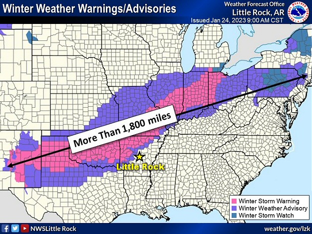 Winter headlines were posted from the southern Rockies to the western Great Lakes (more than 1,800 miles) at 900 am CST on 01/24/2023.