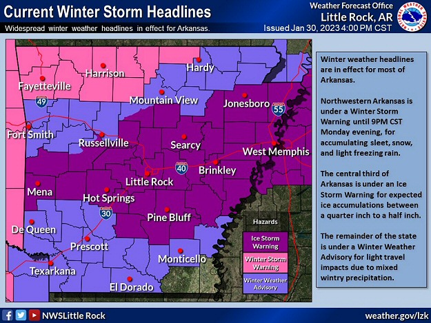A variety of winter headlines were posted across Arkansas at 400 pm CST on 01/30/2023. A Winter Storm Warning was in effect over the northern counties for heavy sleet, as well as light snow/light freezing rain. In central sections of the state, there was an Ice Storm Warning for significant ice due to freezing rain. Father south, the possibility of light freezing rain led to a Winter Weather Advisory.