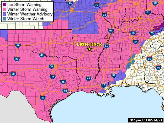 Winter weather headlines were posted for the deep south as of 315 pm CST on 02/14/2021.