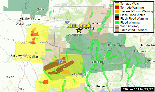 Watches and warnings for tornadoes and flash flooding were posted to the south and west of Arkansas at 530 pm CDT on 04/22/2020.