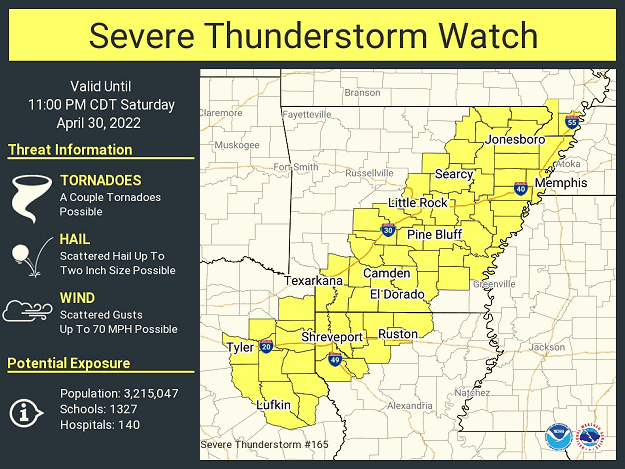 A Severe Thunderstorm Watch was posted for much of the southeast half of Arkansas until 1100 pm CDT on 04/30/2022.