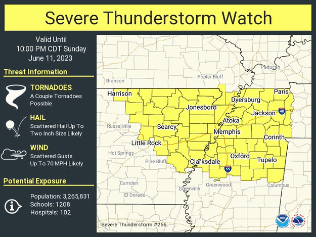 A Severe Thunderstorm Watch was posted across much of northern, central, and eastern Arkansas during the late afternoon and evening of 06/11/2023.