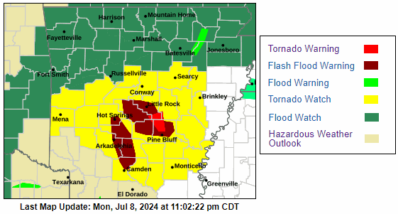 Headlines for tornadoes and flash flooding were posted in Arkansas during the evening of 07/08/2024 as the remnants of Hurricane Beryl approached from Texas.