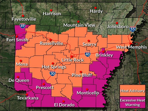 Heat headlines were in effect across central and southern Arkansas on 08/12/2023.