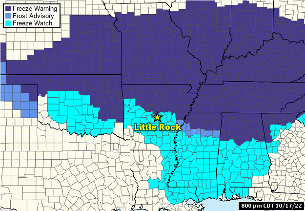 Freeze Warnings were posted in northern Arkansas for the overnight hours of 10/17/2022 and early the next morning. Freeze Warnings were in effect statewide the next night as chilly conditions plunged southward toward the Gulf Coast.
