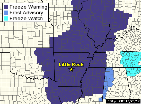 Freeze Warnings were posted for all of Arkansas at 630 pm CDT on 10/28/2017 (for the next morning).