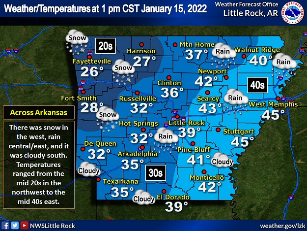 At 100 pm CST on 01/15/2022, snow was falling in western Arkansas, with rain in central and eastern sections. Temperatures ranged from the mid 20s in the northwest to the mid 40s in the east.