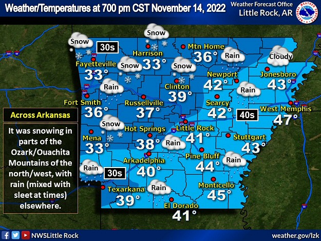 At 700 pm CST on 11/14/2022, snow was reported in parts of the Ozark and Ouachita Mountains in northern and western Arkansas. Elsewhere, it was a cold rain, with sleet at times in places.