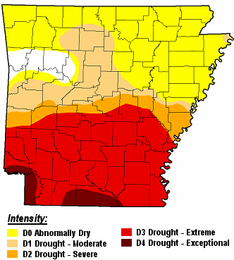 Severe to exceptional drought (D2 to D4) conditions existed across the southern half of Arkansas on 10/20/2015.