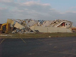 A high school gym was destroyed by a tornado at Beebe (White County) on 01/21/1999.