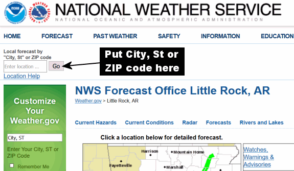 Forecasts can be obtained by entering a "City, St" or zip code.