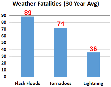 Weather fatalities (based on a 30 year average from 1991 to 2020) in the United States (courtesy of NOAA).