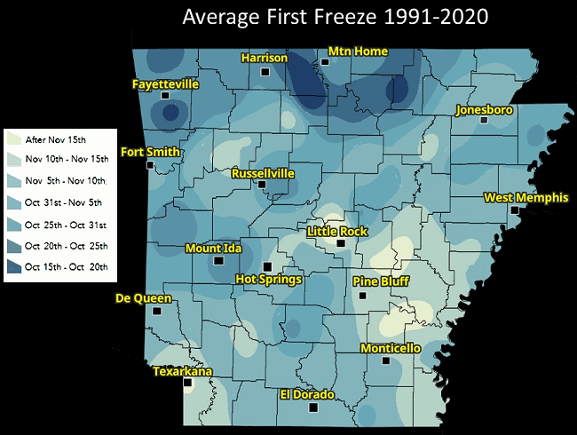 Average first freeze dates in the fall and last freeze dates in the spring across Arkansas (based on 1991-2020 normals).
