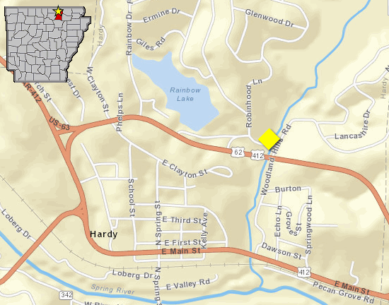 Map of Hardy (Sharp County), with high water sign placement in yellow.