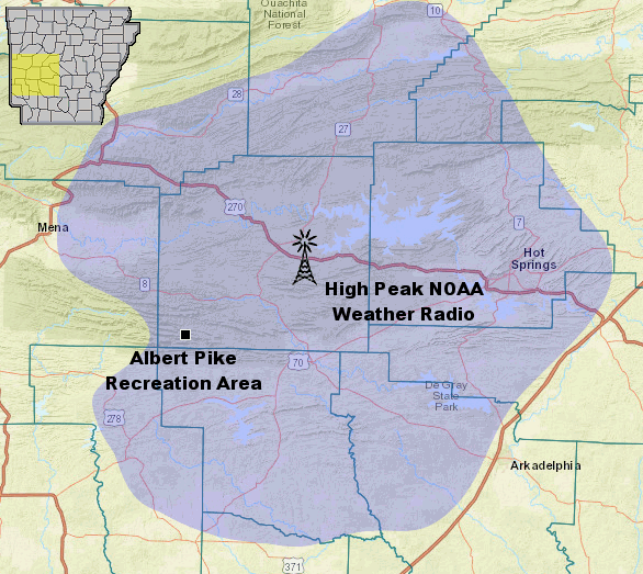 The extent of the 5 microvolt signal of the High Peak (Montgomery County) transmitter (in blue). 