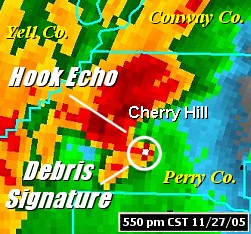 The WSR-88D (Doppler Weather Radar) indicated a hook echo approaching Cherry Hill (Perry County) from the southwest around 550 pm CST on 11/27/2005.