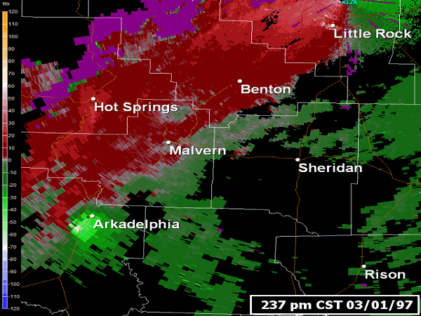 The WSR-88D (Doppler Weather Radar) showed strong rotation at times from Arkadelphia (Clark County) to Little Rock (Pulaski County) on 03/01/1997.