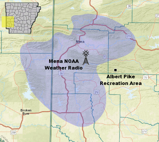 The extent of the 5 microvolt signal of the Mena (Polk County) transmitter (in blue).