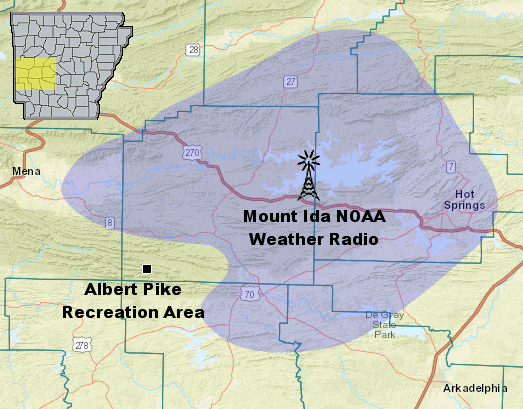 The extent of the 5 microvolt signal of the Mount Ida (Montgomery County) transmitter when it was at full strength (in blue).