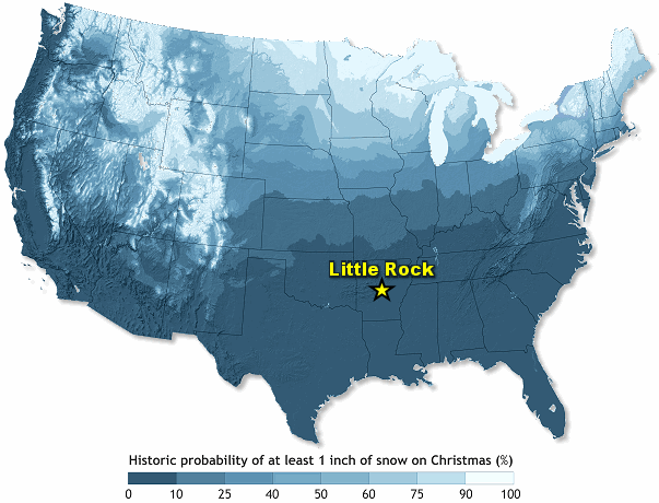 Odds of a white Christmas across the United States (at least one inch of snow on the ground).