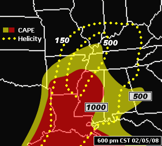 Helicity was high and CAPE was ample enough for severe weather during the afternoon and evening of 02/05/2008.