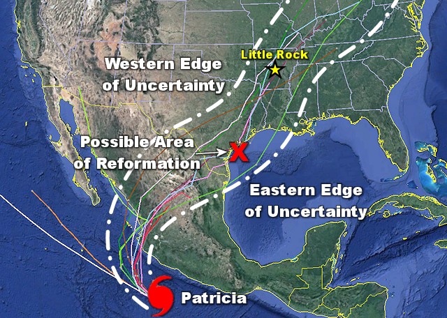 Major Hurricane (Category 4) Patricia was 275 miles south of Manzanillo, Mexico during the afternoon of 10/22/2015. Maximum sustained winds were around 130 mph. Patricia became the strongest hurricane on record in the western hemisphere the next day (a central pressure of 879 millibars/25.96 inches), with winds reaching 200 mph (Category 5). Most models (colored lines) showed the remnants of Patricia tracking toward south Texas, with a new system forming close to the coast by 10/25/2015 and exiting slowly to the northeast.
