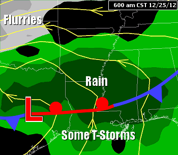 A storm system ("L") brought rain and some freezing rain to begin the event on 12/25/2012, but precipitation changed to snow during the afternoon and evening. This happened as the system tracked from Texas toward the Tennessee Valley, with cold air wrapping around the back side of the system as it departed.