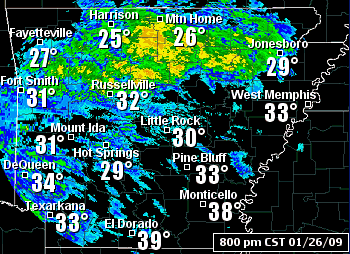 The WSR-88D (Doppler Weather Radar) showed mainly freezing rain spreading across the northwest half of Arkansas at 8 pm CST on 01/26/2009.
