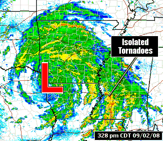 The WSR-88D (Doppler Weather Radar) showed rain spiraling around the remnants of Gustav ("L") in extreme northwest Louisiana at 328 pm CDT on 09/02/2008.