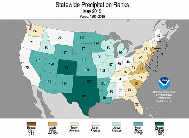 Statewide precipitation ranks in May, 2015.