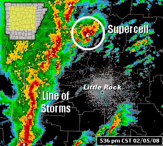 The WSR-88D (Doppler Weather Radar) showed a tornadic supercell (storm with rotating uprafts) near Clinton (Van Buren County) with a squall line moving into central Arkansas at 536 pm CST on 02/05/2008.