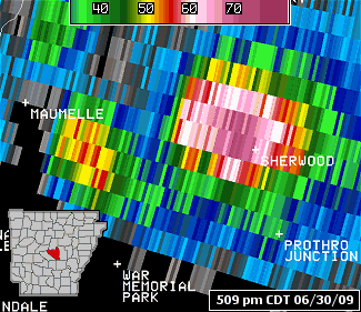 The WSR-88D (Doppler Weather Radar) showed high reflectivities aloft (at 25,000 feet), indicating a hail core with a storm over Sherwood (Pulaski County) at 509 pm CDT on 06/30/2009.