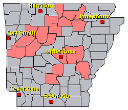 Preliminary reports of severe weather in the Little Rock County Warning Area on February 5, 2008 (in red).