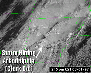 The satellite showed a thunderstorm moving over the Arkadelphia (Clark County) area around 245 pm CST on 03/01/1997.